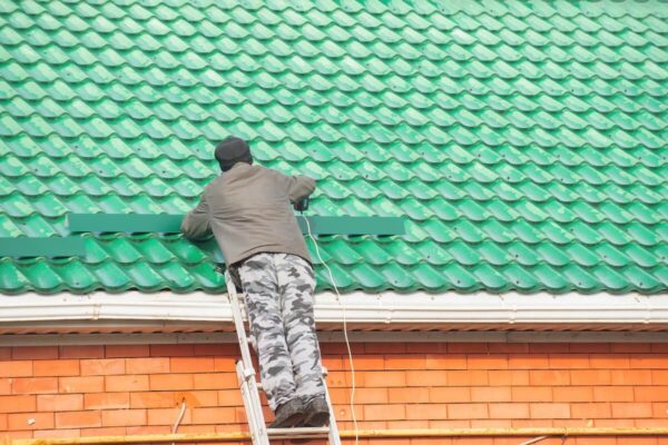Mężczyzna na drabinie zajmuje się malowaniem dachów na zielono.