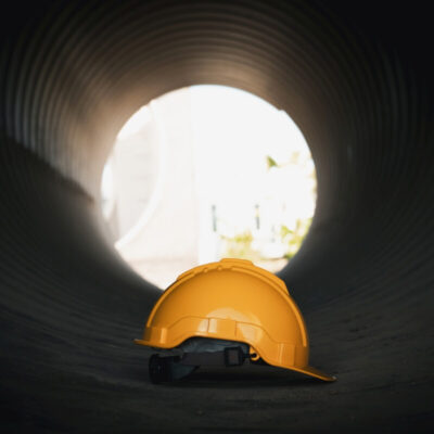 Kask ochronny w tunelu symbolizuje prace w przestrzeniach zamkniętych.