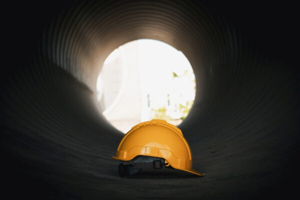 Kask ochronny w tunelu symbolizuje prace w przestrzeniach zamkniętych.